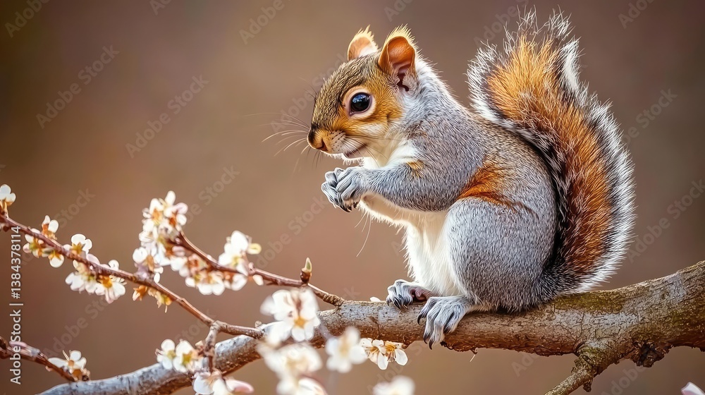 Fototapeta premium Adorable squirrel sitting on a tree branch with small blossoms, natural and warm copy space.