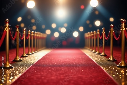 Red carpet entrance on a black background evokes Hollywood success and celebrity fame at a VIP premiere event