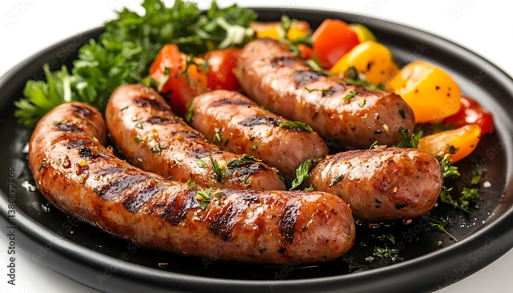 Grilled sausages with tomatoes and green herbs arranged on a plate Grilled sausages with tomatoes and green herbs arranged on a plate