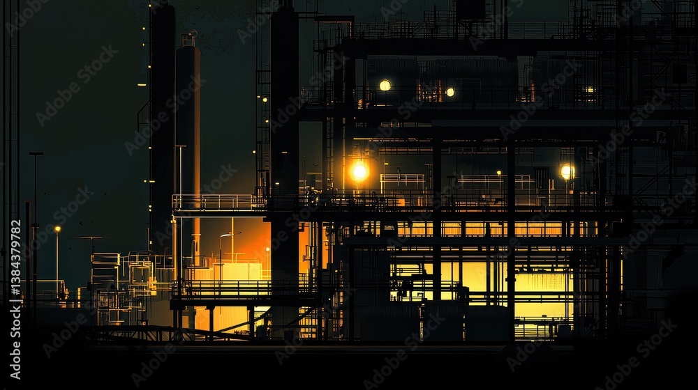 Night View of Illuminated Industrial Factory Complex Night View of Illuminated Industrial Factory Complex