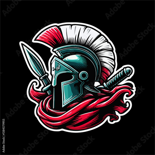 Vector illustration of Spartan Helmet with red white color