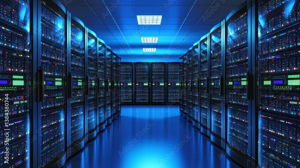 Fototapeta premium Futuristic data center with glowing blue lighting, rows of high-tech server racks, and reflective flooring. Ideal for tech ads, cloud services, AI infrastructure themes