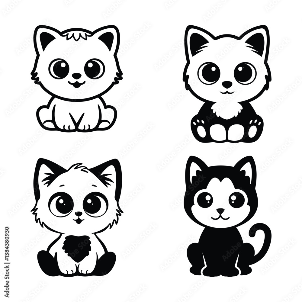 Adorable black and white vector illustration of four cartoon kittens with big eyes, sitting in different cute poses Adorable black and white vector illustration of four cartoon kittens with big eyes, sitting in different cute poses