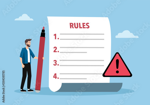 Business people studying list of rules, reading guidance, making checklist. Vector illustration for company order, restrictions, law, regulations concept