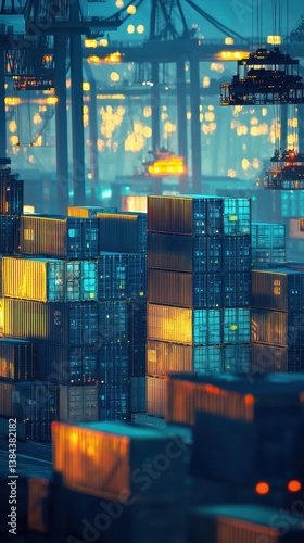 Night City Port with Illuminated Cargo Containers and Flying Vehicles