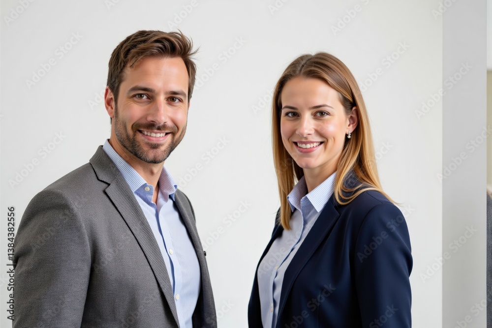 Professional Co-workers in Business Attire, Smiling Male and Female in a Modern Office Environment with Neutral Background Professional Co-workers in Business Attire, Smiling Male and Female in a Modern Office Environment with Neutral Background