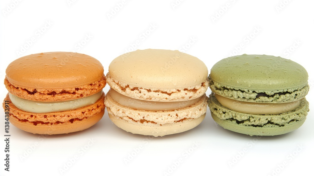 Three macarons with different colored shells on display Three macarons with different colored shells on display