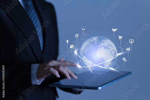 Virtual Global Internet connection. Business technology and digital marketing. Financial, banking, big data, e-commerce, cloud computing, solution of creating new opportunities.