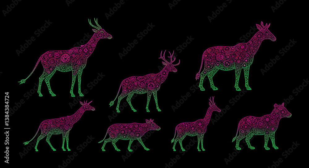 Obraz premium Vibrant Geometric Animal Silhouettes with Neon Gradient Pattern Isolated On Black