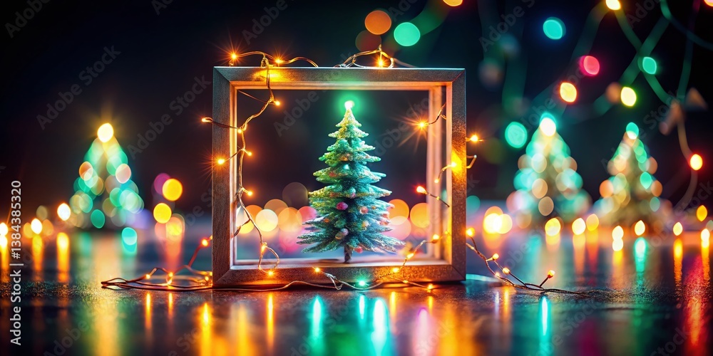 Obraz premium Abstract Pastel Neon Christmas Frame, Tilt-Shift Effect, Dark Background Stock Photo