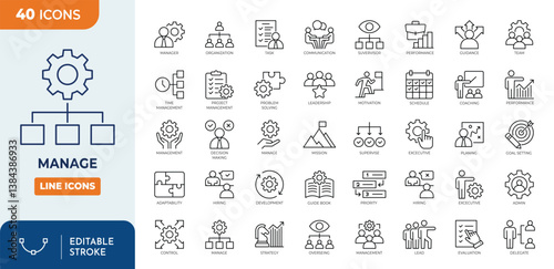 Manage line editable icon set. Containing management, project, supervision, leadership, admin, teamwork, planning, manager and more. Vector illustration