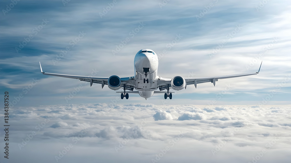 Fototapeta premium Airplane Flying Above Fluffy Clouds