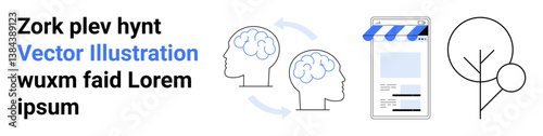 Human brains with arrows indicating process flow, an online storefront graphic, and minimalist tree outline. Ideal for innovation, e-commerce, nature, sustainability, thinking, digitalization simple