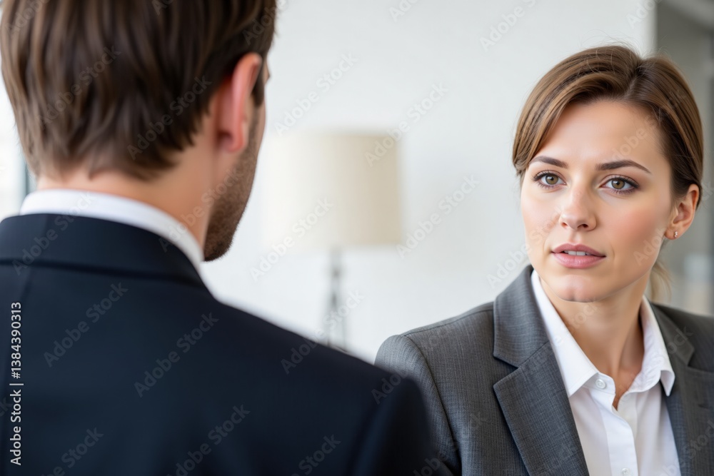 A Professional Business Meeting Between a Young Adult Female in a Gray Suit and a Male Colleague in a Suit, Engaging in Serious Conversation in a Corporate Office Setting A Professional Business Meeting Between a Young Adult Female in a Gray Suit and a Male Colleague in a Suit, Engaging in Serious Conversation in a Corporate Office Setting
