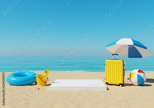 Wallpaper Mural A picturesque beach scene showcasing summer essentials, including a bright yellow suitcase, a vibrant beach ball, and a shaded umbrella, with the tranquil ocean and blue sky in the background Torontodigital.ca