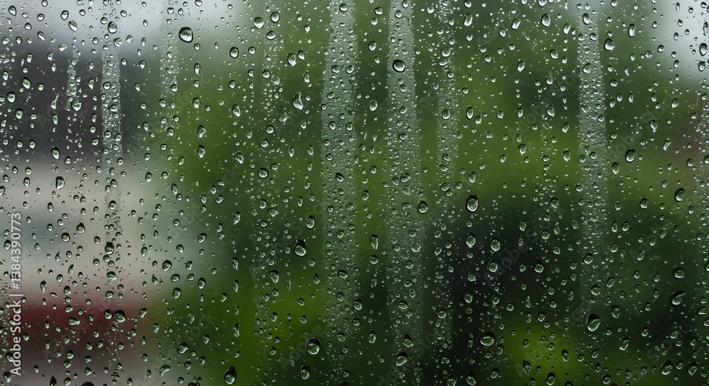 Obraz premium water droplets, blurred green background, foggy window, rainy day atmosphere, Water droplets forming streaks on glass window, causing blurry view of garden, Condensation on glass, 