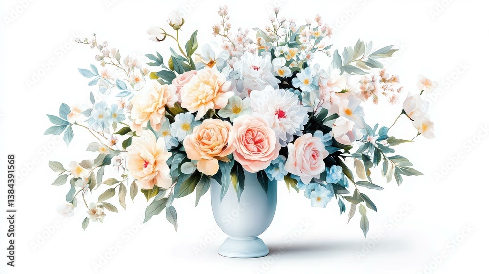 Pastel Peach and Pink Rose Bouquet in Light Blue Urn Vase Pastel Peach and Pink Rose Bouquet in Light Blue Urn Vase