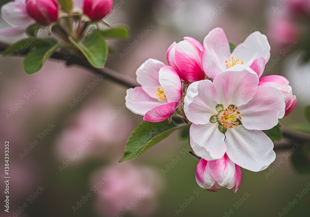 Fototapeta premium Blooming apple tree branch with delicate pink and white blossoms illuminated by warm spring sunlight, Delicate apple blossoms, soft pink petals, green leaves, tree branch, springtime, macro 