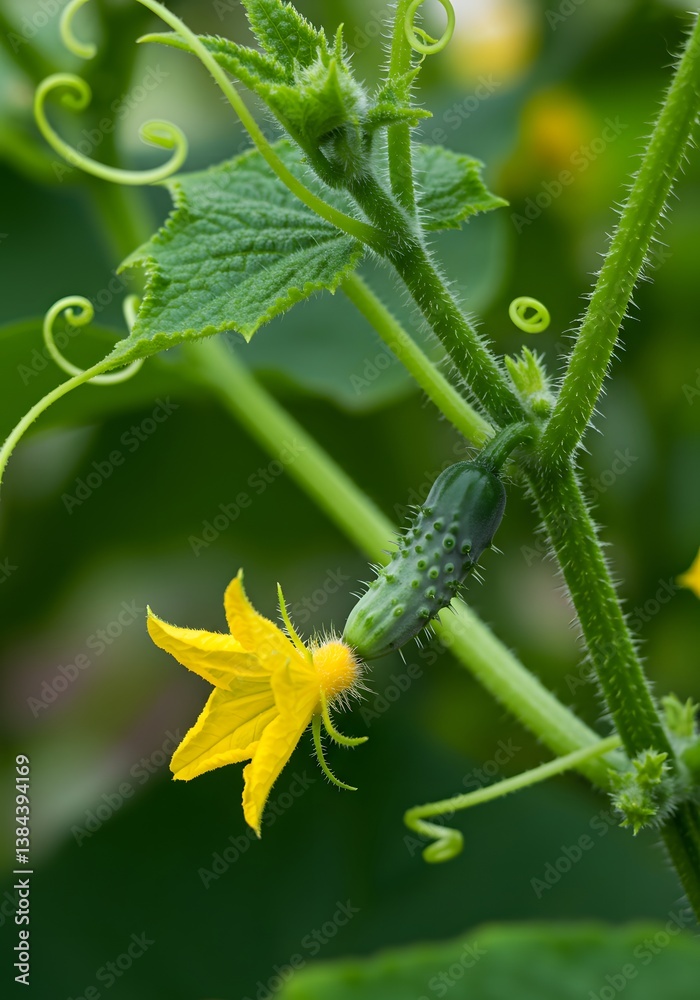 Young cucumber growing on a vine in a commercial greenhouse, cucumber plant, green leaves, young cucumber, yellow flower, vine tendrils, garden vegetable, organic growth, Young cucumber growing on a vine in a commercial greenhouse, cucumber plant, green leaves, young cucumber, yellow flower, vine tendrils, garden vegetable, organic growth,