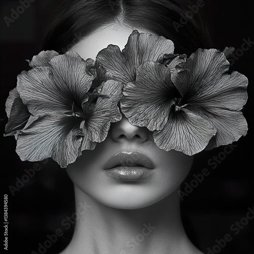 Monochrome Portrait of a Woman with Flowers Covering Her Eyes