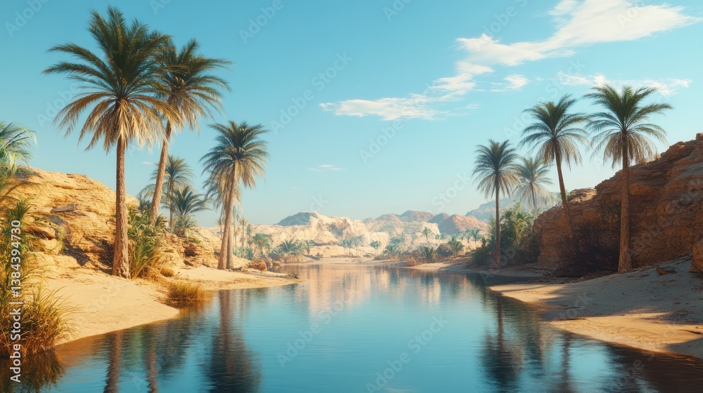 Serene oasis landscape featuring palms mirroring in calm desert river waters Serene oasis landscape featuring palms mirroring in calm desert river waters