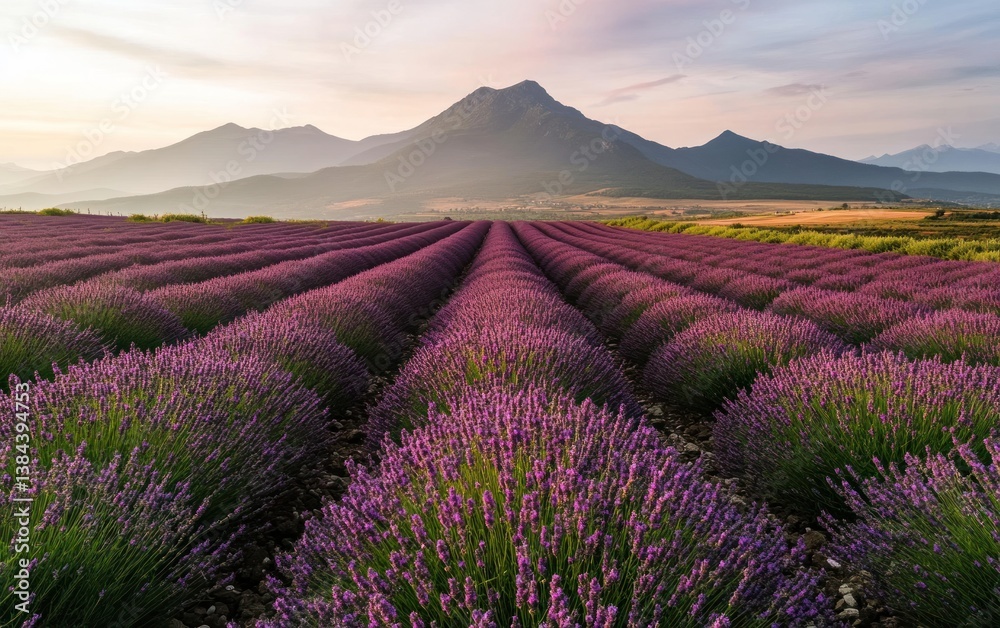 Naklejka premium Lavender Fields at Sunrise with Mountain View