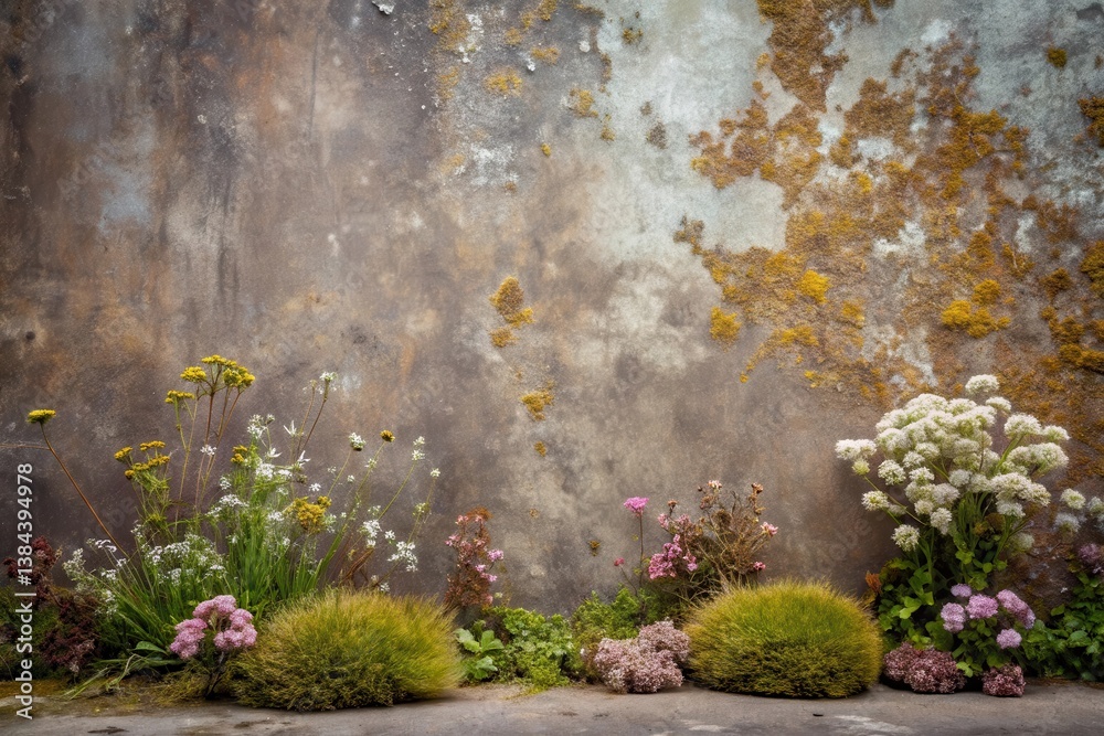 Obraz premium Wildflowers Blooming Against a Weathered Stone Wall, a Serene Natural Scene with Varied Textures and Hues