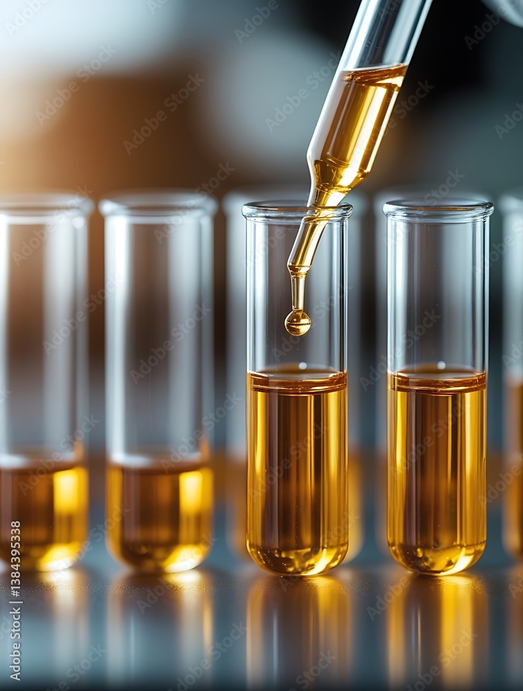 A highly detailed image of a golden liquid being dispensed into test tubes in a laboratory setting, representing scientific research, biotechnology, and pharmaceutical innovation.
A highly detailed image of a golden liquid being dispensed into test tubes in a laboratory setting, representing scientific research, biotechnology, and pharmaceutical innovation.