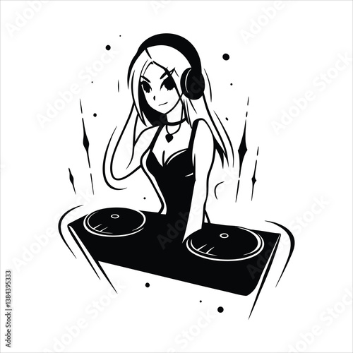 Anime DJ Girl with Headphones and Turntables vector