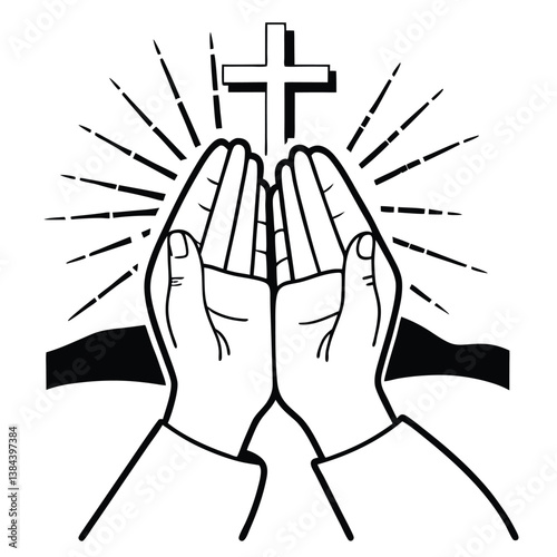  "Hands lifted in prayer with a glowing cross in the distance."