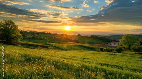 A sunset over a quiet village with green fields. stock photo --ar 16:9 --style raw --v 6 Job ID: 01baf5f2-7317-4c84-bbcb-1c87f6d5124b