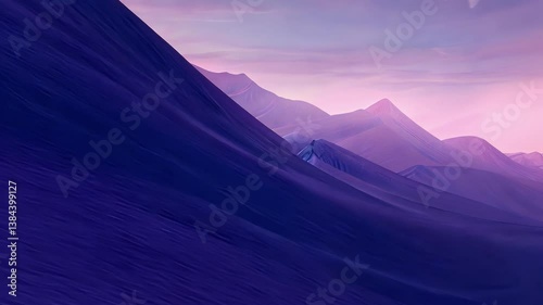 A serene landscape featuring undulating purple mountains under a pastel sky, evoking a sense of tranquility and wonder.
