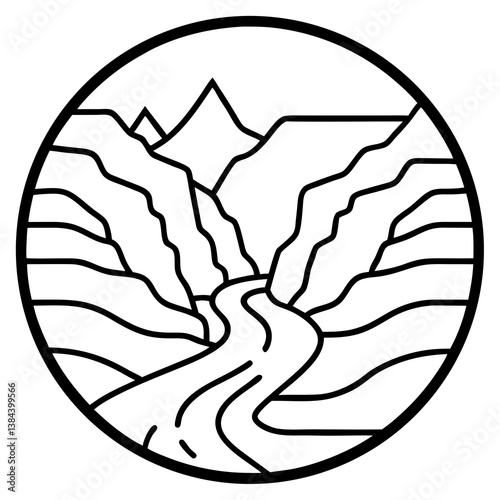 River carving a canyon over centuries line art vector illustration 