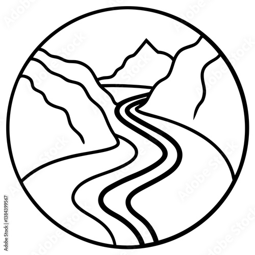 River carving a canyon over centuries line art vector illustration 