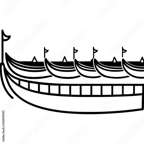 Traditional boat lined up on a riverside line art vector illustration 