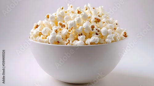 A vibrant National Popcorn Day background featuring a bowl of freshly popped popcorn with kernels scattered around, macro shot, Minimalist style