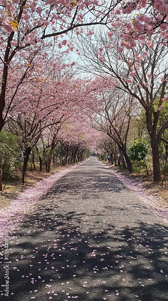 Fototapeta premium 桜並木が続く春の縦型のスマホ壁紙
