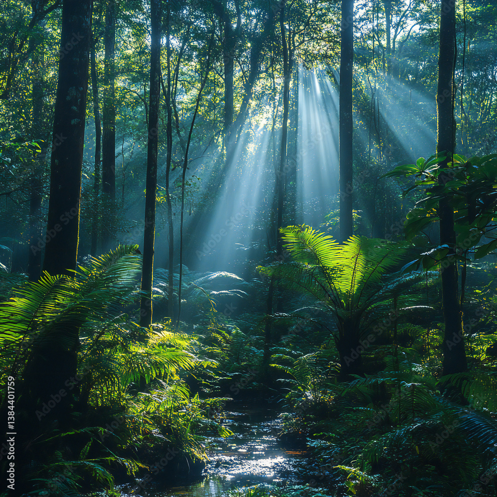 Obraz premium A lush rainforest with mist floating through the trees and rays of sunlight filtering down