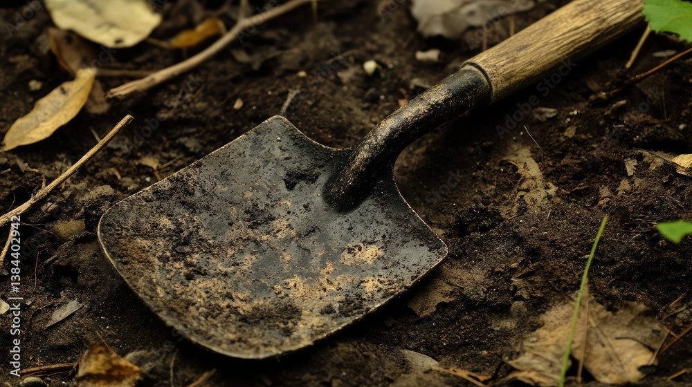 Close-up of a Weathered Garden Trowel Resting on Rich, Dark Soil Surrounded by Natural Elements Close-up of a Weathered Garden Trowel Resting on Rich, Dark Soil Surrounded by Natural Elements