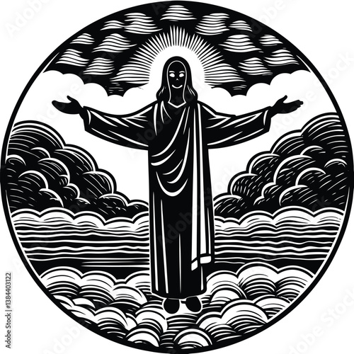  "Jesus with outstretched arms silhouetted in front of a glowing sky."