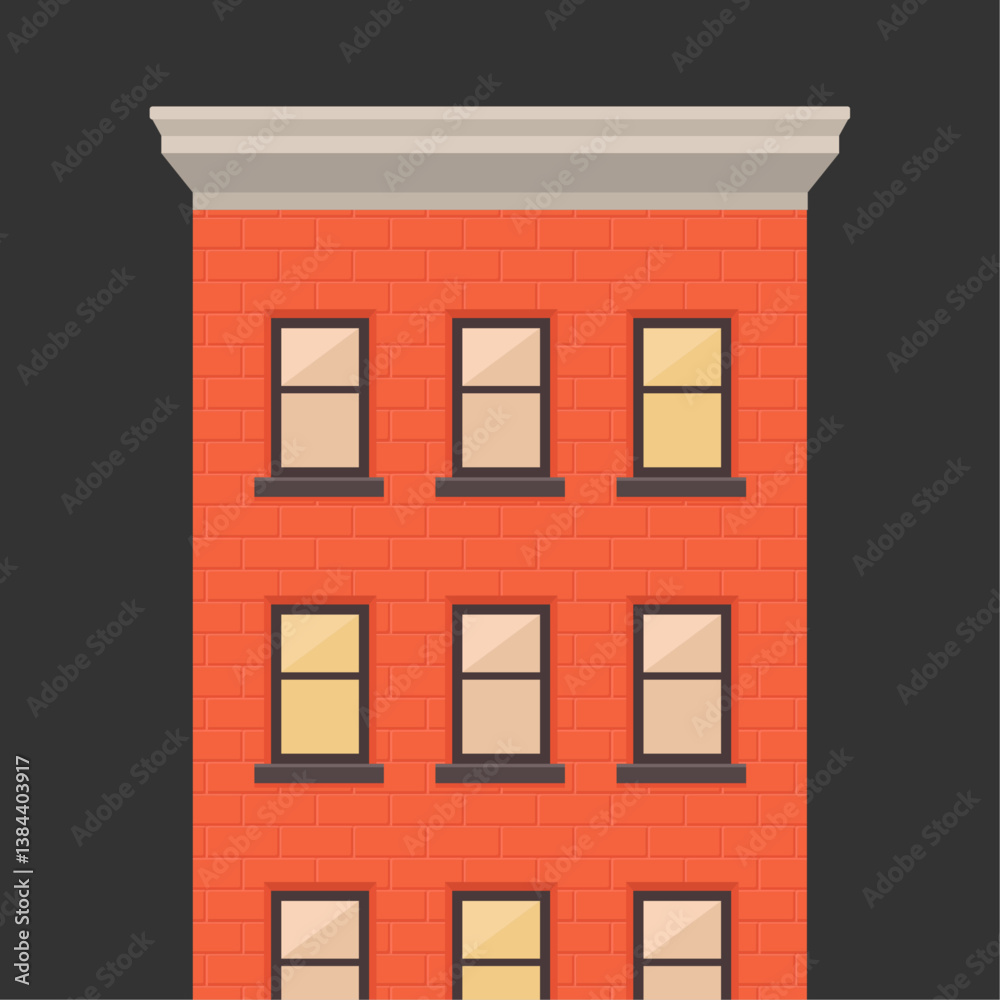 Minimalist Red Brownstone Facade with Windows Vector Artwork
