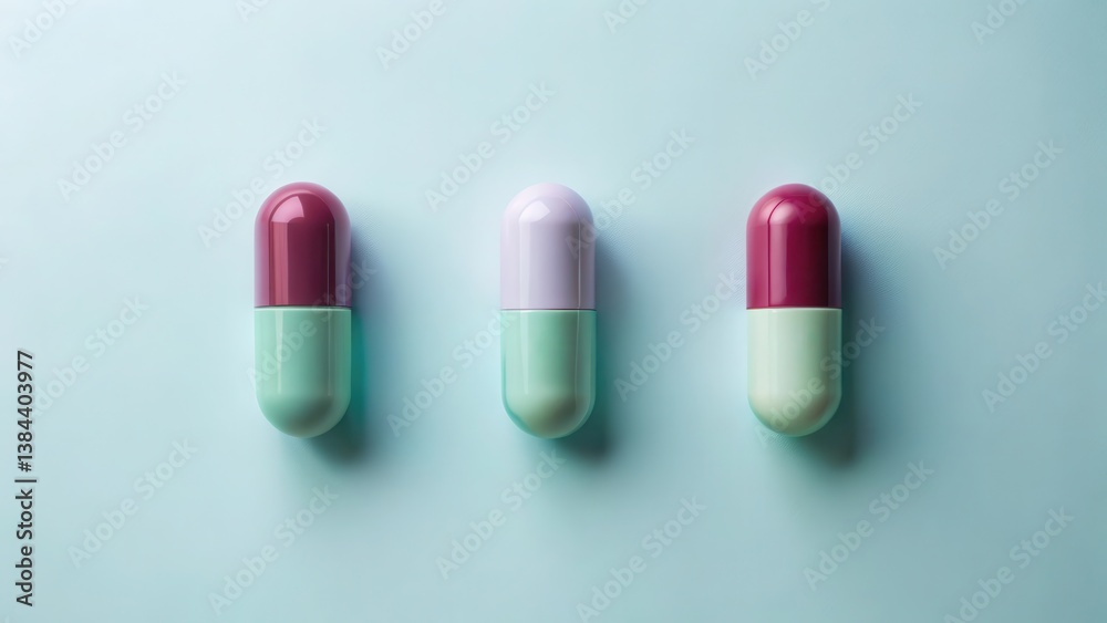 A Row of Colorful Capsules on a Light Blue Background, Representing a Variety of Medical Treatments and Potential Health Solutions A Row of Colorful Capsules on a Light Blue Background, Representing a Variety of Medical Treatments and Potential Health Solutions