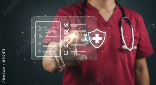 Healthcare worker interacts with digital medical data, protective health shield.