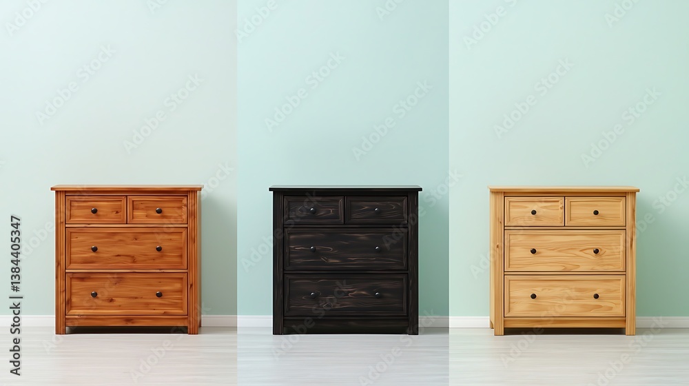 Three dressers in various wood tones stand against a pastel green wall with white floor Three dressers in various wood tones stand against a pastel green wall with white floor