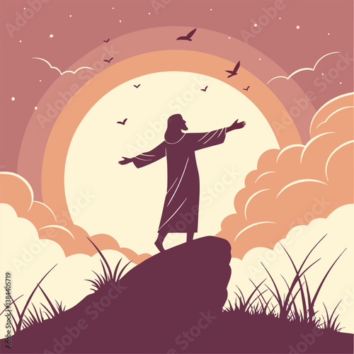  "Jesus with outstretched arms silhouetted in front of a glowing sky."