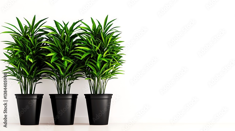 Obraz premium Three potted plants against a white wall, plants green and leafy in black pots