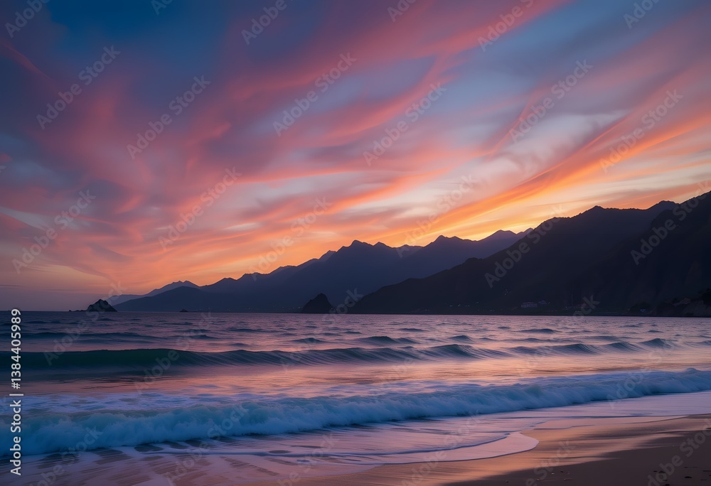 Fototapeta premium Coastal Dusk: Silhouetted Mountains Under a Sky Streaked with Pink and Orange.