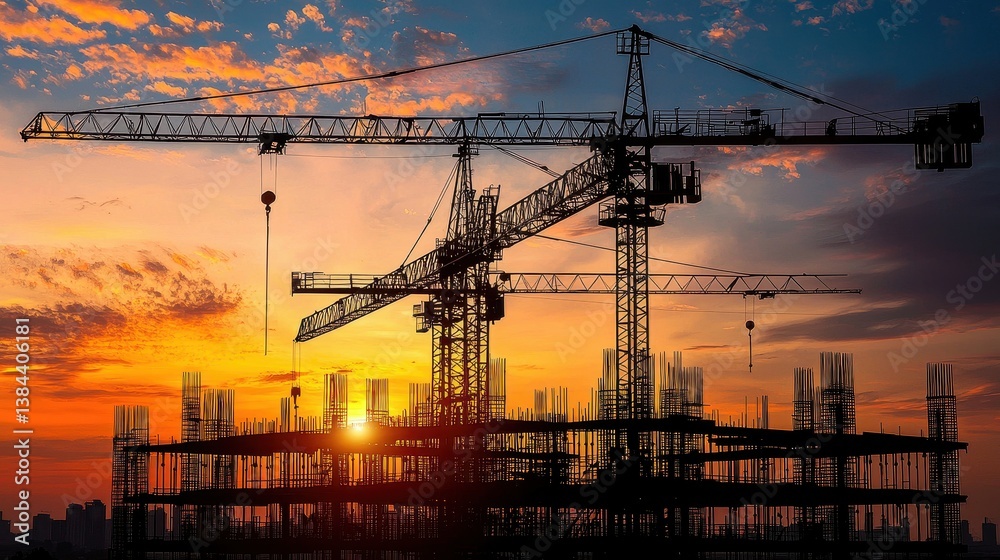 Silhouette of Construction Crane at Sunset Over City Silhouette of Construction Crane at Sunset Over City