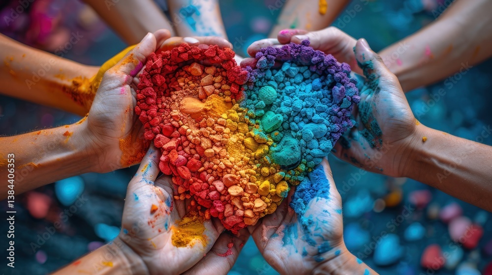Fototapeta premium Hands holding rainbow colored heart, diverse group, celebration, painted hands