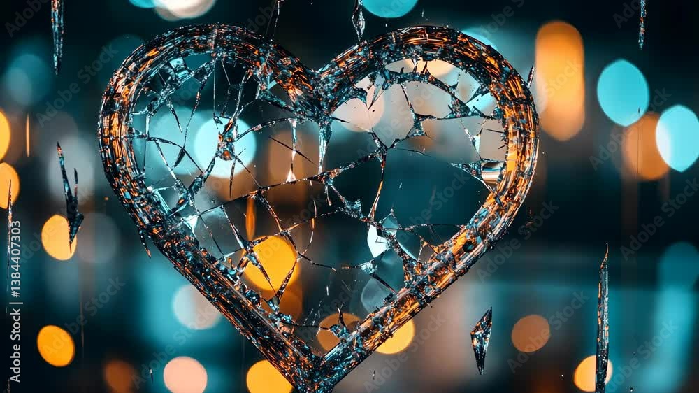 Heart-shaped broken glass with colorful bokeh lights in the background at nighttime